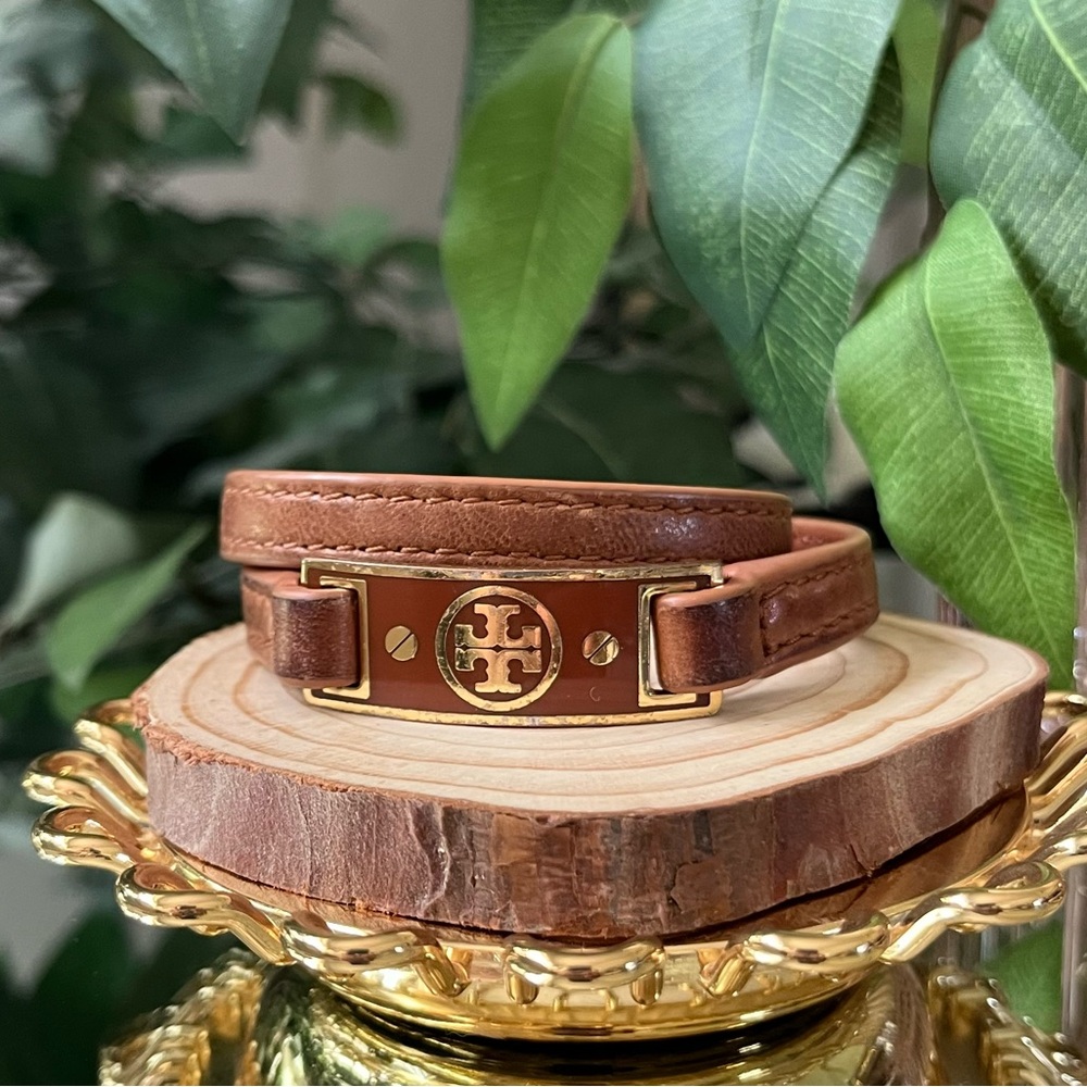 Tory Burch Brown Leather Bracelet with Gold Logo